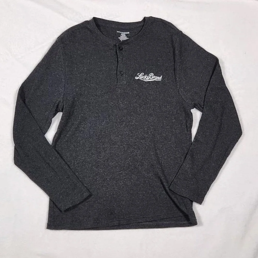 Lucky Brand Y2K Medium Charcoal Grey Waffle Knit Henley Long Sleeve Sleep Top